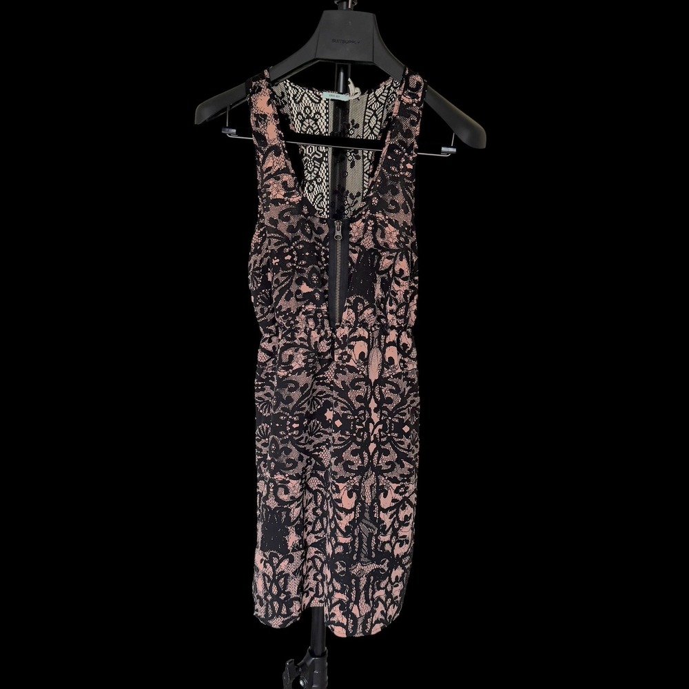 Kimchi Blue Pink Black Lace Print Racerback Dress Front Zip Mini Small